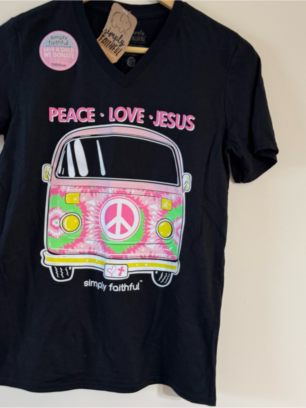 "Peace Love Jesus" Black V-Neck Tee - Pink & Green Van Graphic Women’s Small